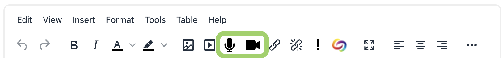 Text editor tool bar highlighting the record audio and video options.
